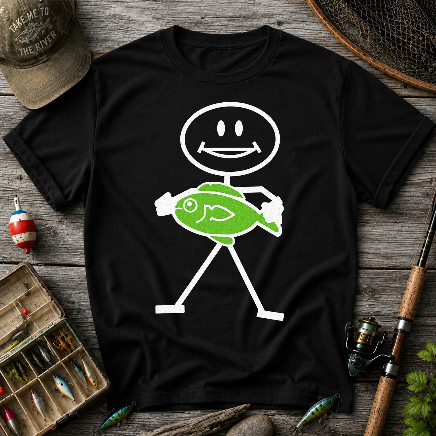 Happy Stick Figure Holding a Green Fish Graphic T-Shirt