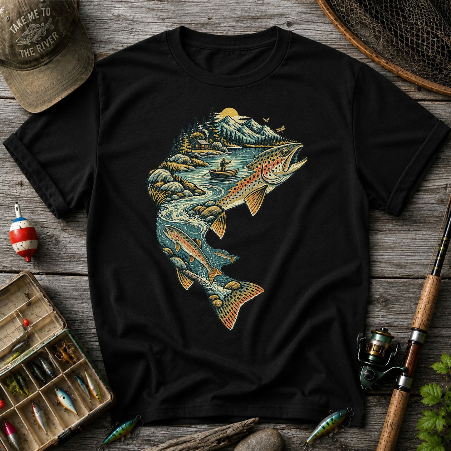 Vintage Brown Trout Mountain River Fly Fishing Graphic T-Shirt