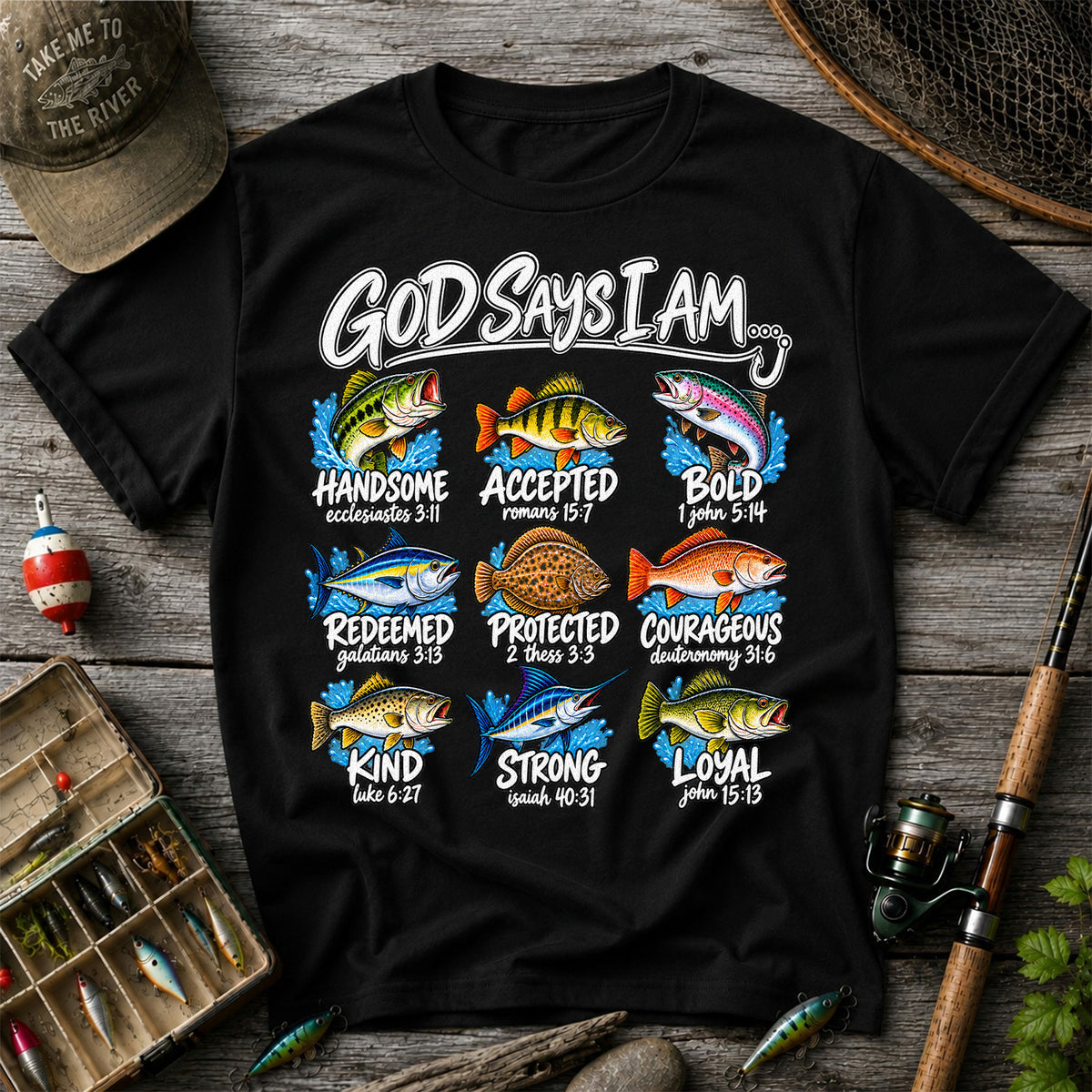 God Says I Am Christian Fish and Bible Verse Fishing Graphic T-Shirt