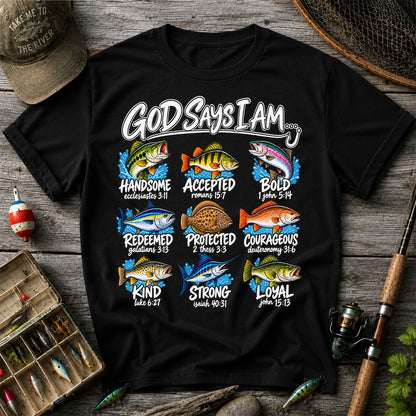 God Says I Am Christian Fish and Bible Verse Fishing Graphic T-Shirt