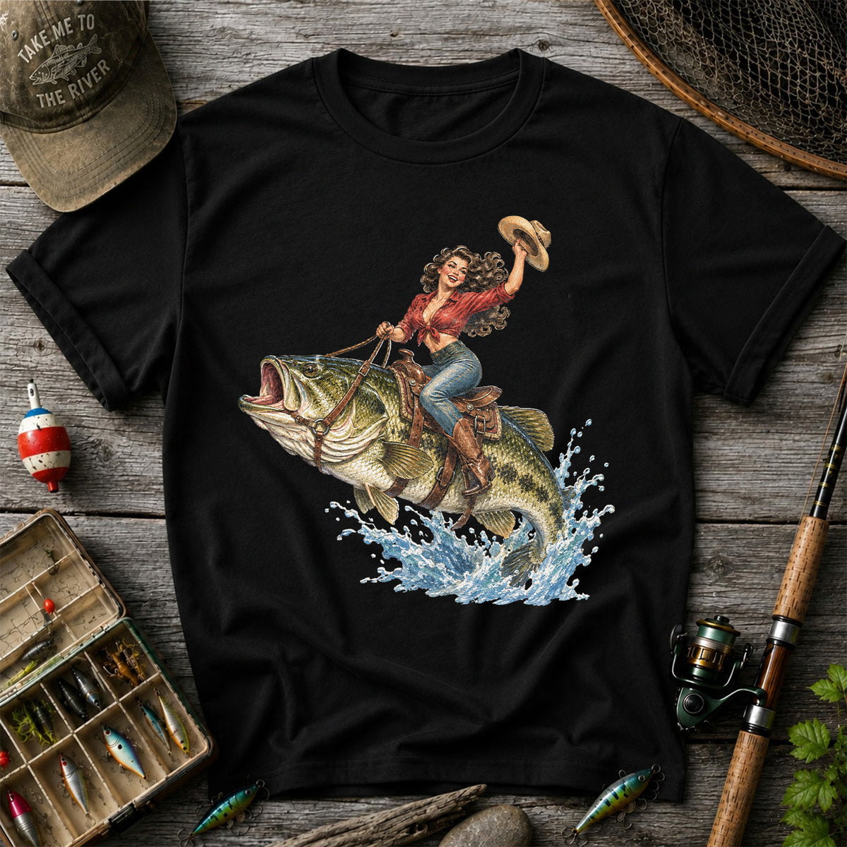 Vintage Cowgirl Riding a Largemouth Bass Fishing Graphic T-Shirt