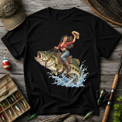 Vintage Cowgirl Riding a Largemouth Bass Fishing Graphic T-Shirt