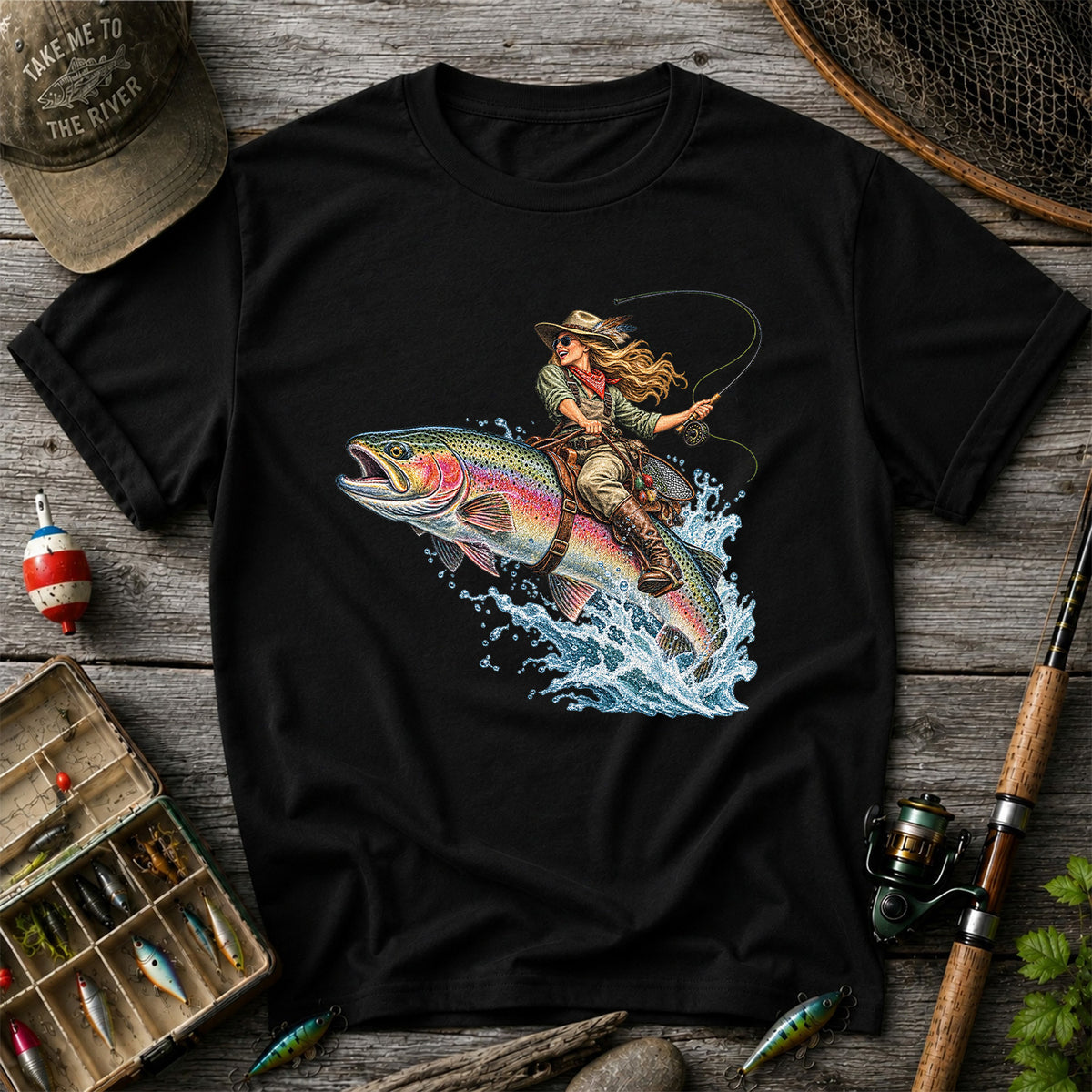 Cowgirl Riding a Rainbow Trout Fly Fishing Graphic T-Shirt
