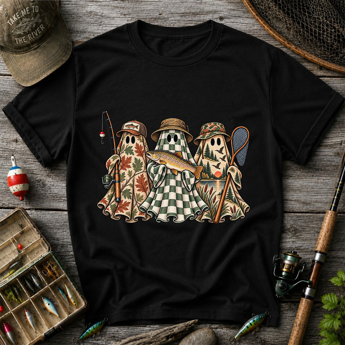Autumn Ghost Trio with Brown Trout Halloween Fishing T-Shirt