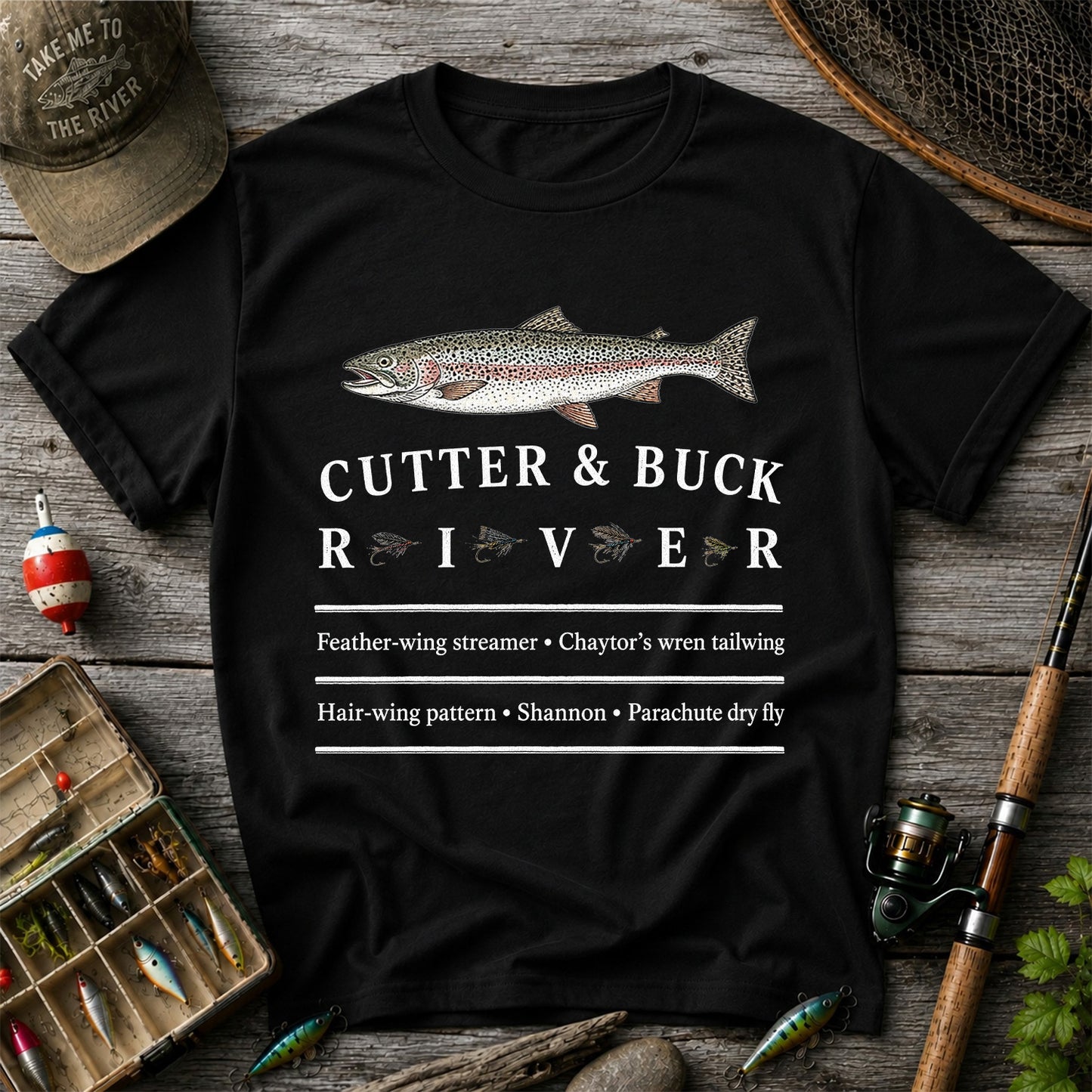 River Rainbow Trout and Classic Fly Patterns Fishing T-Shirt