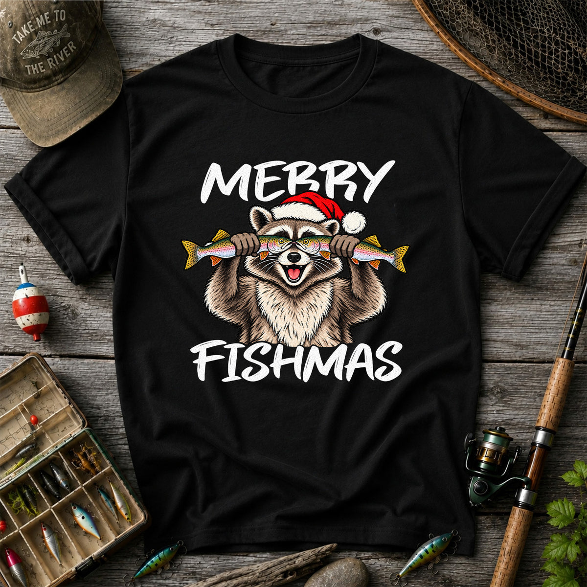 Merry Fishmas Raccoon Rainbow Trout Christmas Fishing T-Shirt