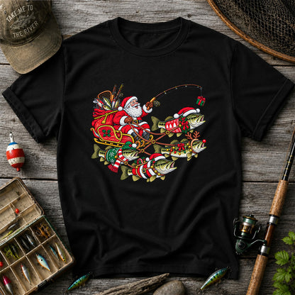 Santa Pulling Festive Bass Fishing Graphic T-Shirt