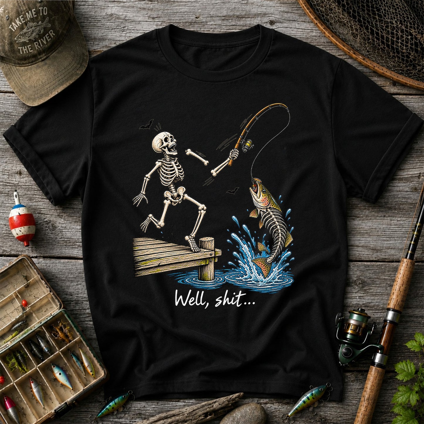 Well, Shit Skeleton Fishing Funny Graphic T-Shirt