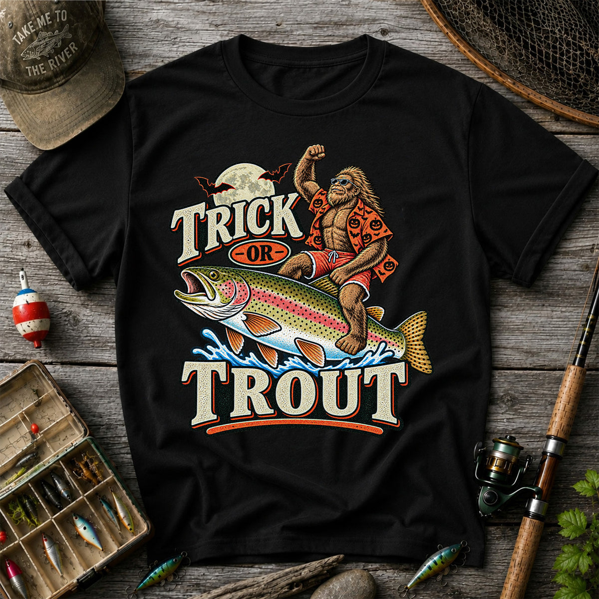 Trick or Trout Bigfoot Riding a Rainbow Trout Halloween Fishing T-Shirt