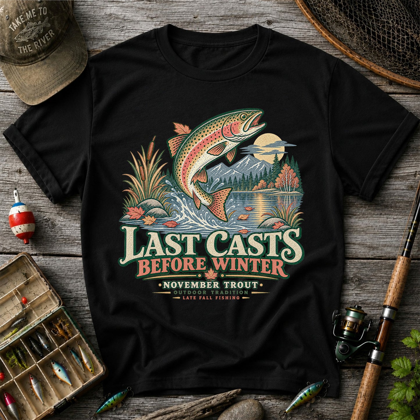 Last Casts Before Winter November Rainbow Trout Fishing Graphic T-Shirt