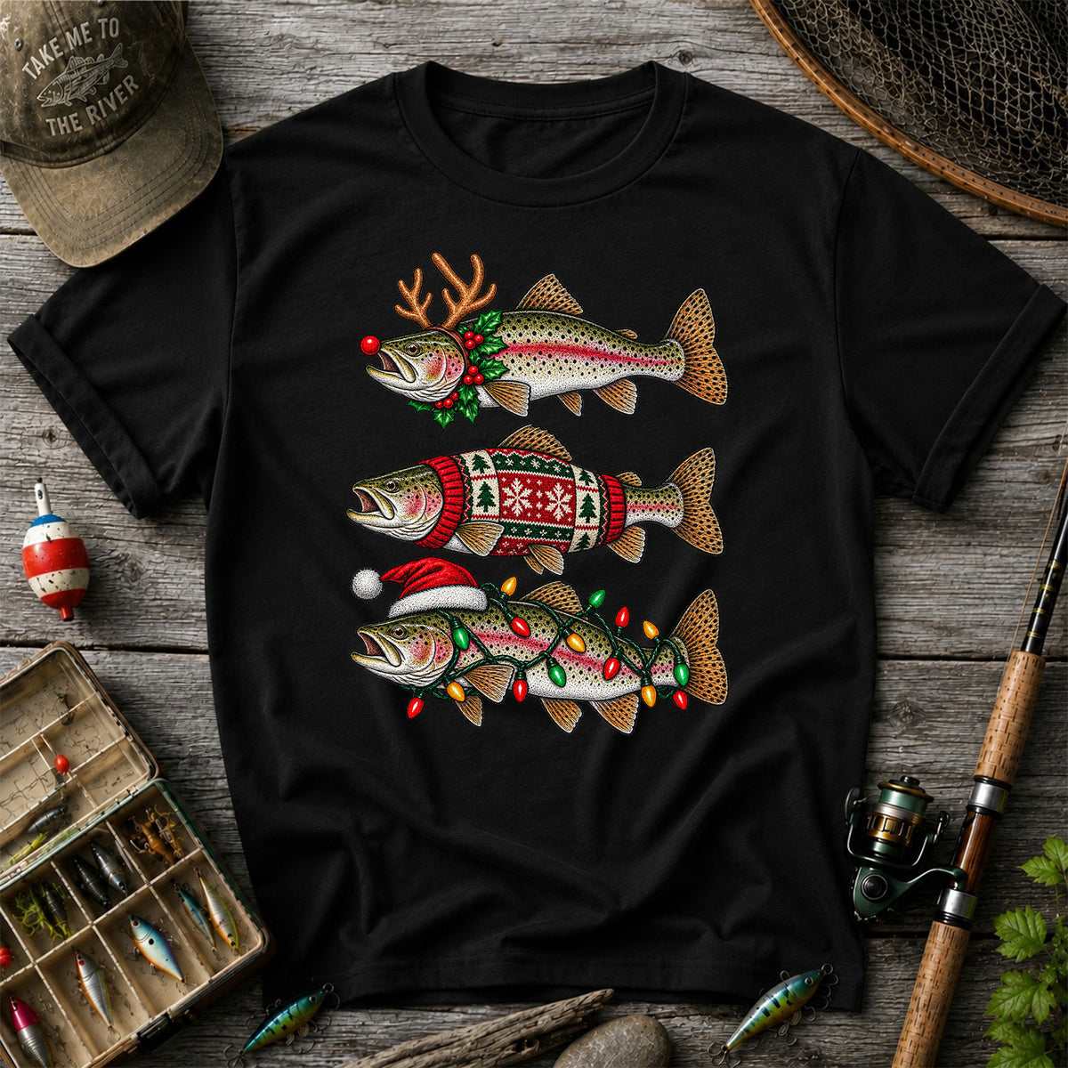 Christmas Trout Antlers Sweater and Lights Fishing T-Shirt