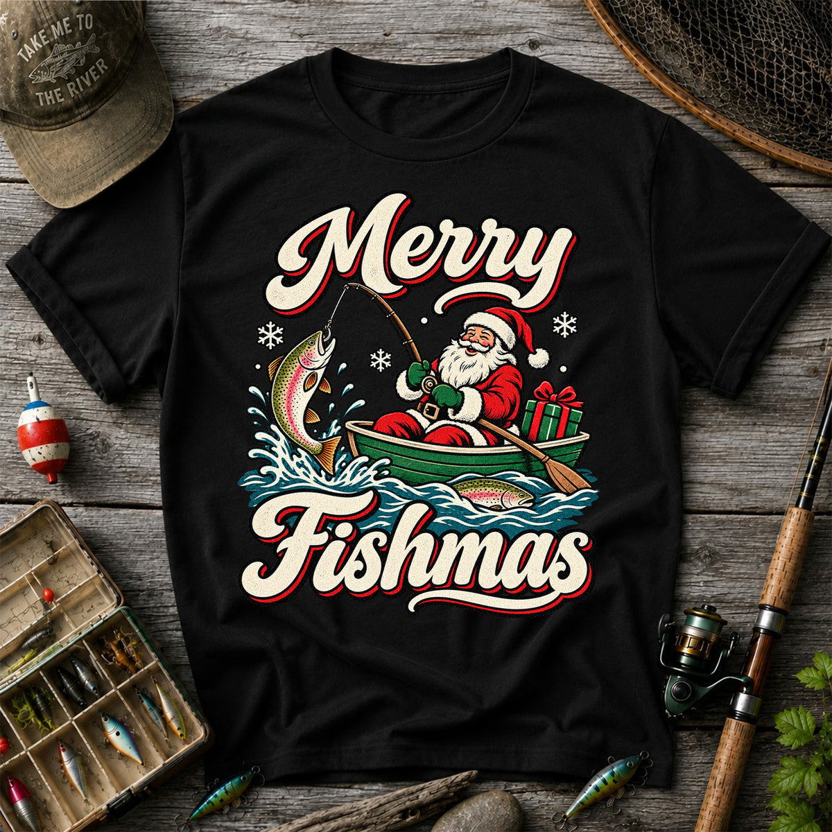 Merry Fishmas Santa Catching Rainbow Trout in a Boat Fishing T-Shirt