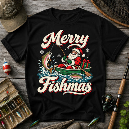 Merry Fishmas Santa Catching Rainbow Trout in a Boat Fishing T-Shirt