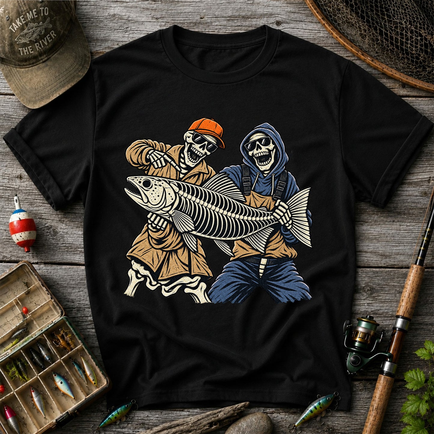 Skeleton Anglers Holding a Giant Fish Graphic T-Shirt