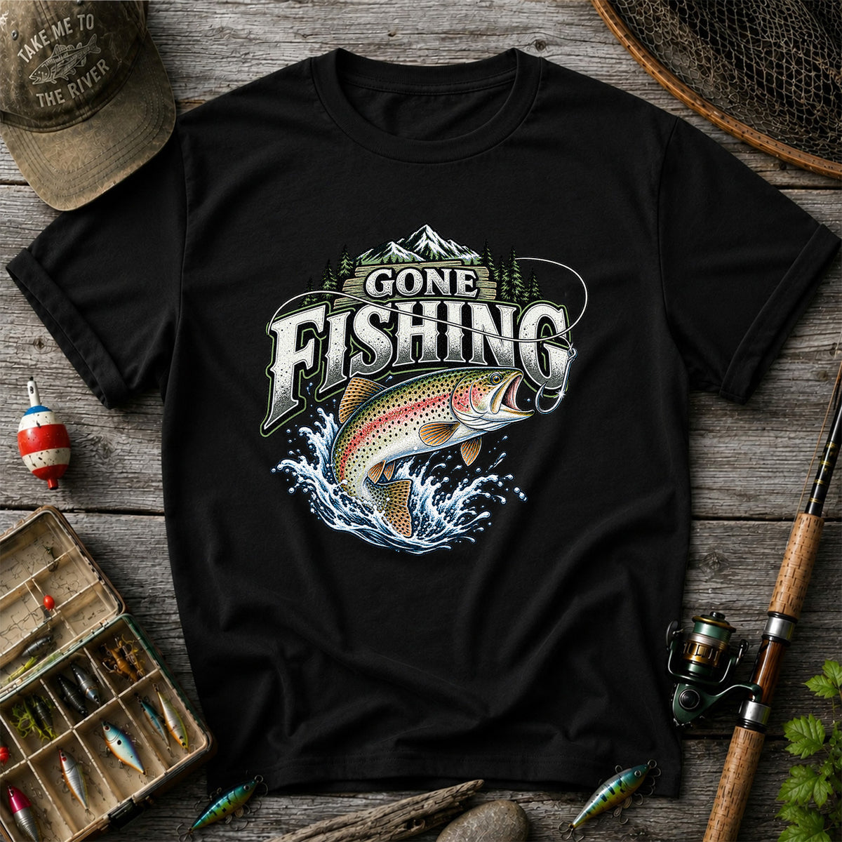 Gone Fishing Rainbow Trout and Mountains Graphic T-Shirt