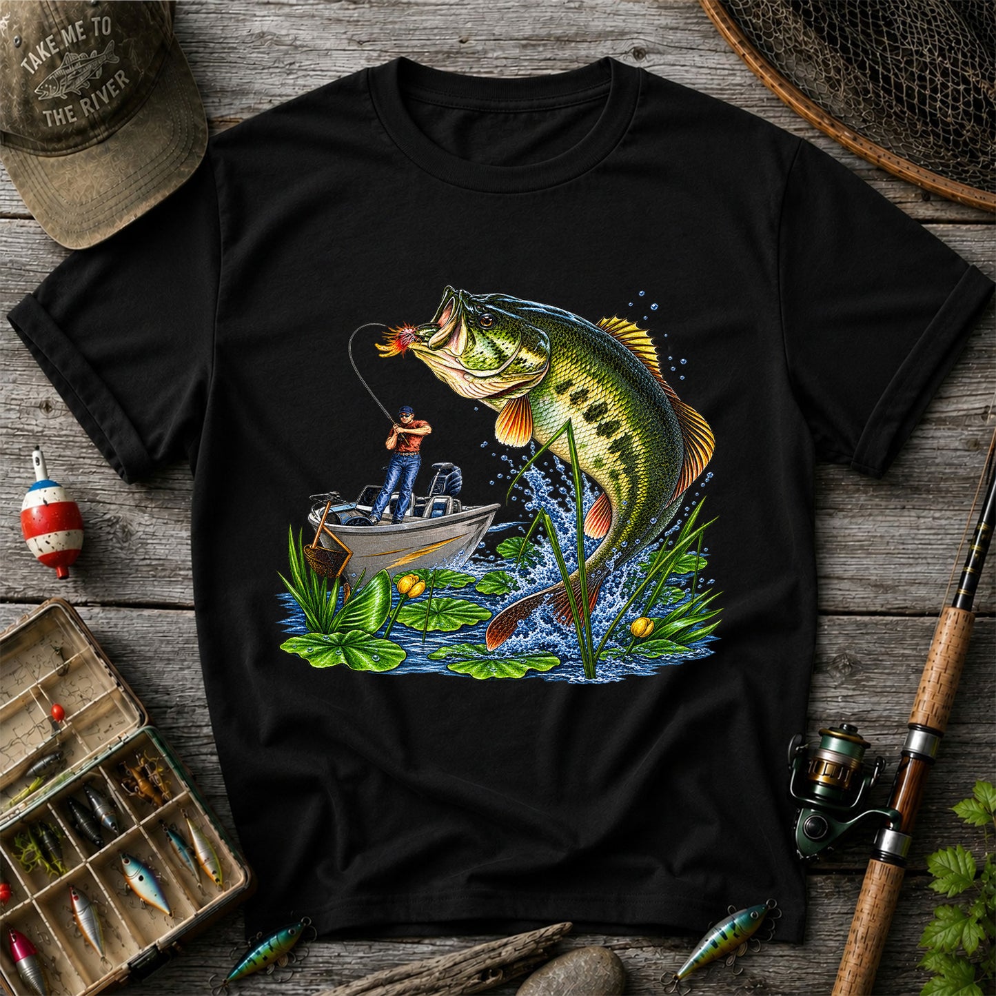 Largemouth Bass Leaping Beside Fishing Boat Graphic T-Shirt