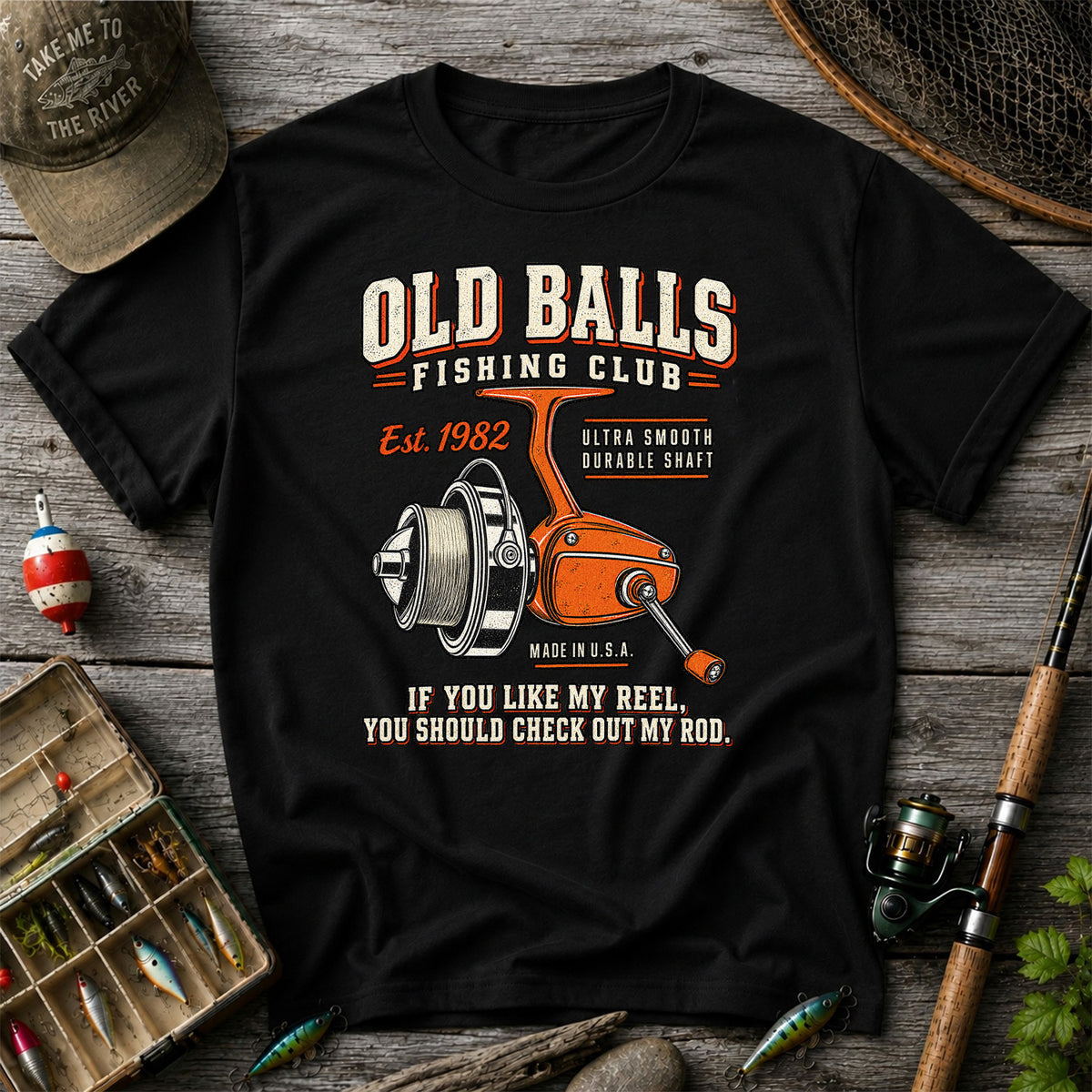 Old Balls Fishing Club Vintage Spinning Reel Graphic T-Shirt