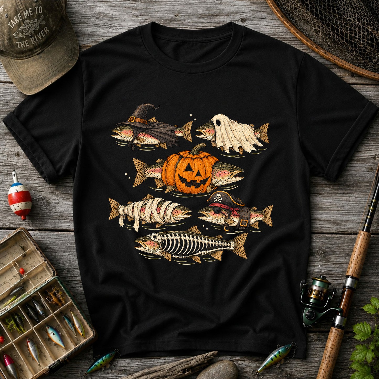 Rainbow Trout Halloween Costumes Witch Ghost Pumpkin Mummy Pirate Skeleton Fishing T-Shirt