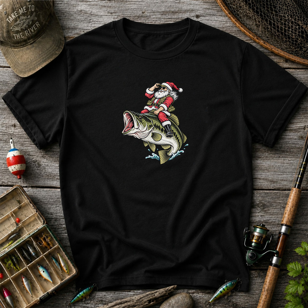 Santa Riding Largemouth Bass Christmas Fishing Graphic T-Shirt