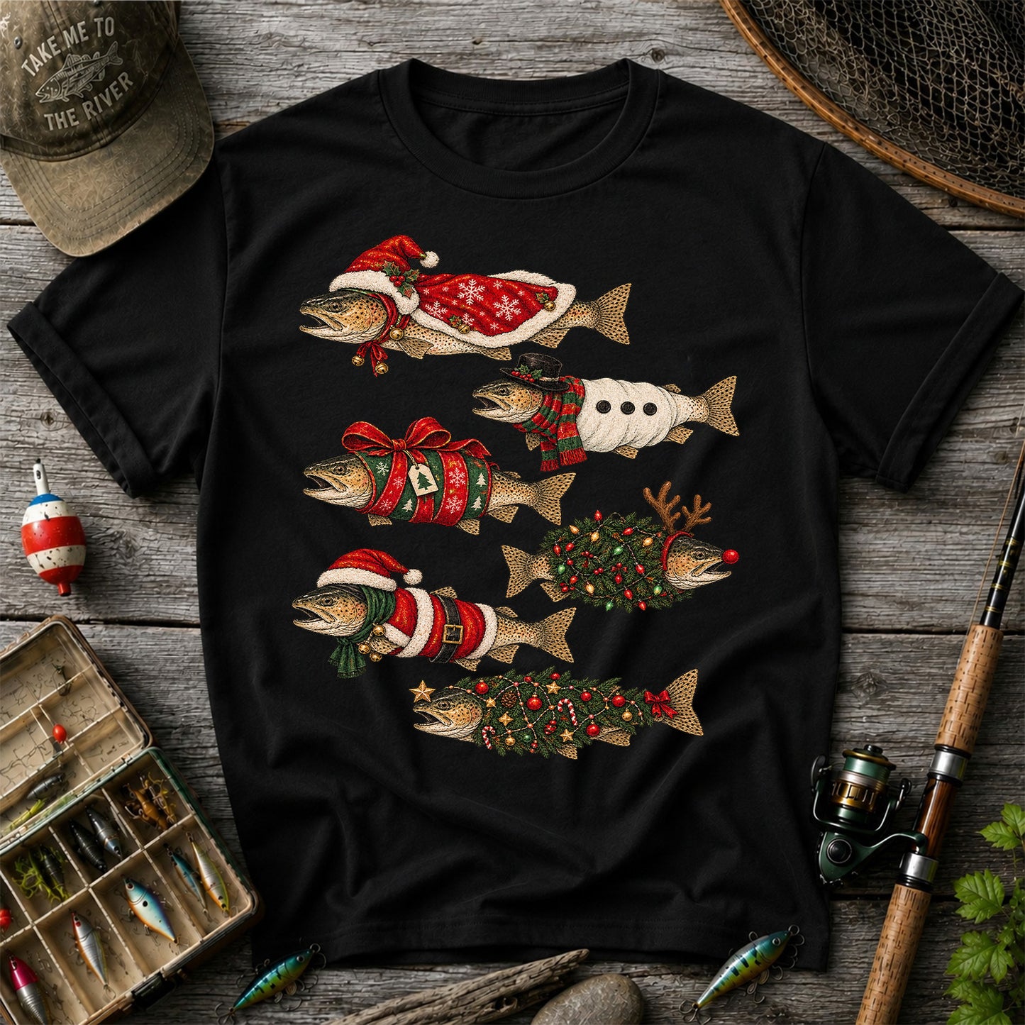 Christmas Trout in Festive Costumes Fishing Graphic T-Shirt