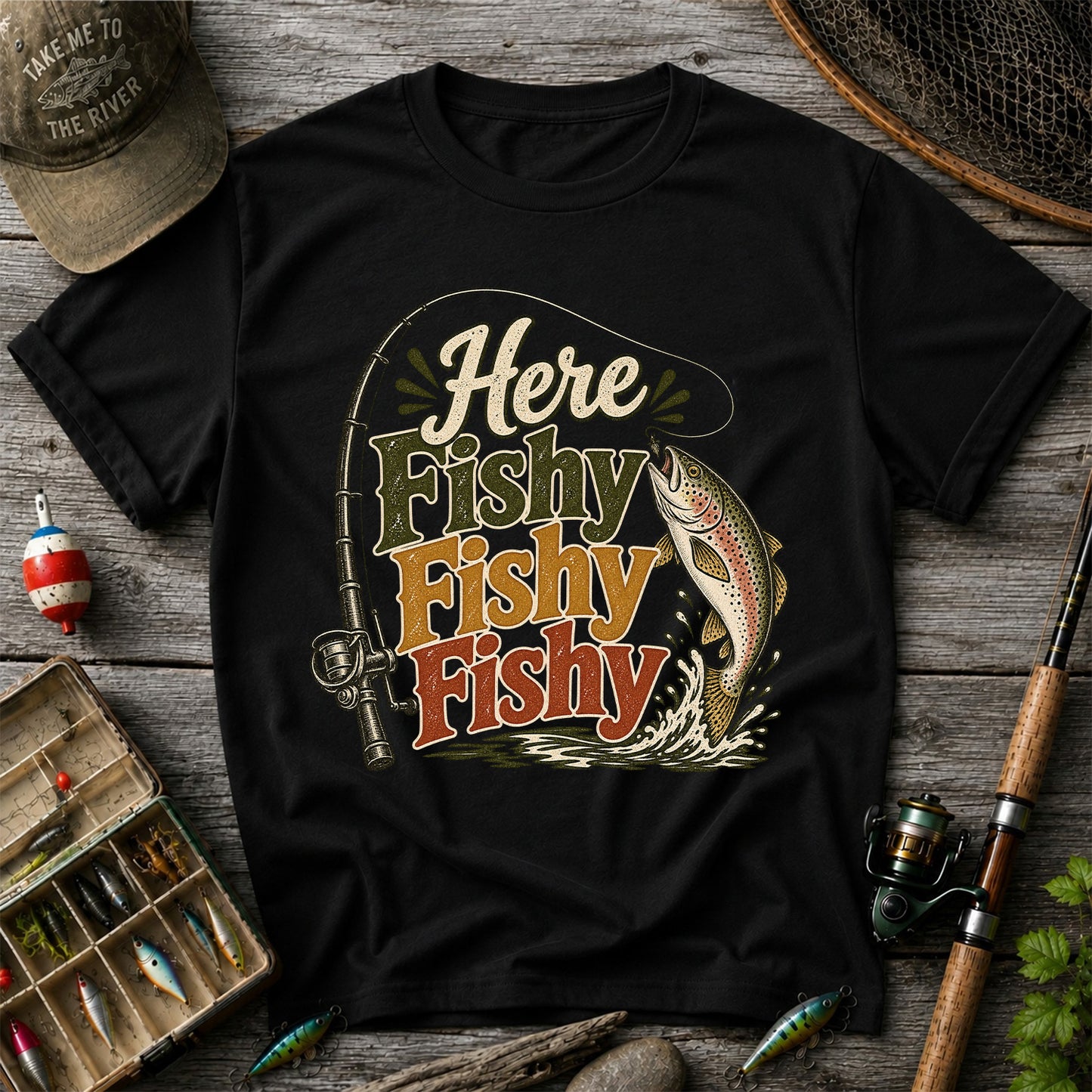 Here Fishy Fishy Fishy Rainbow Trout and Fishing Rod Retro T-Shirt