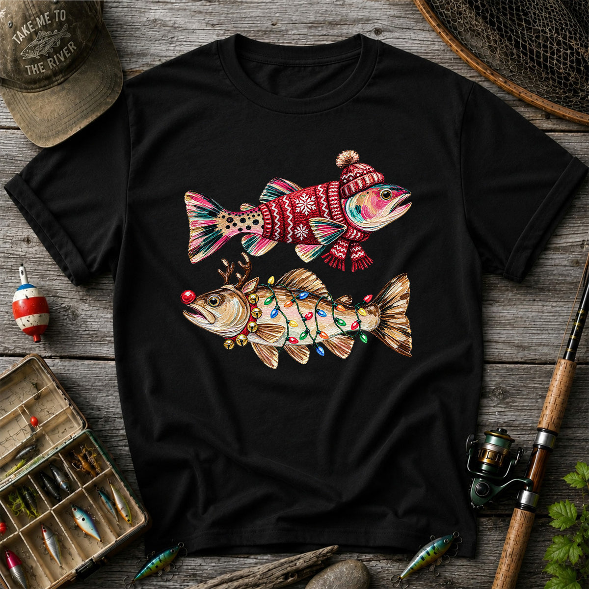 Festive Christmas Fish with Lights Fishing Graphic T-Shirt