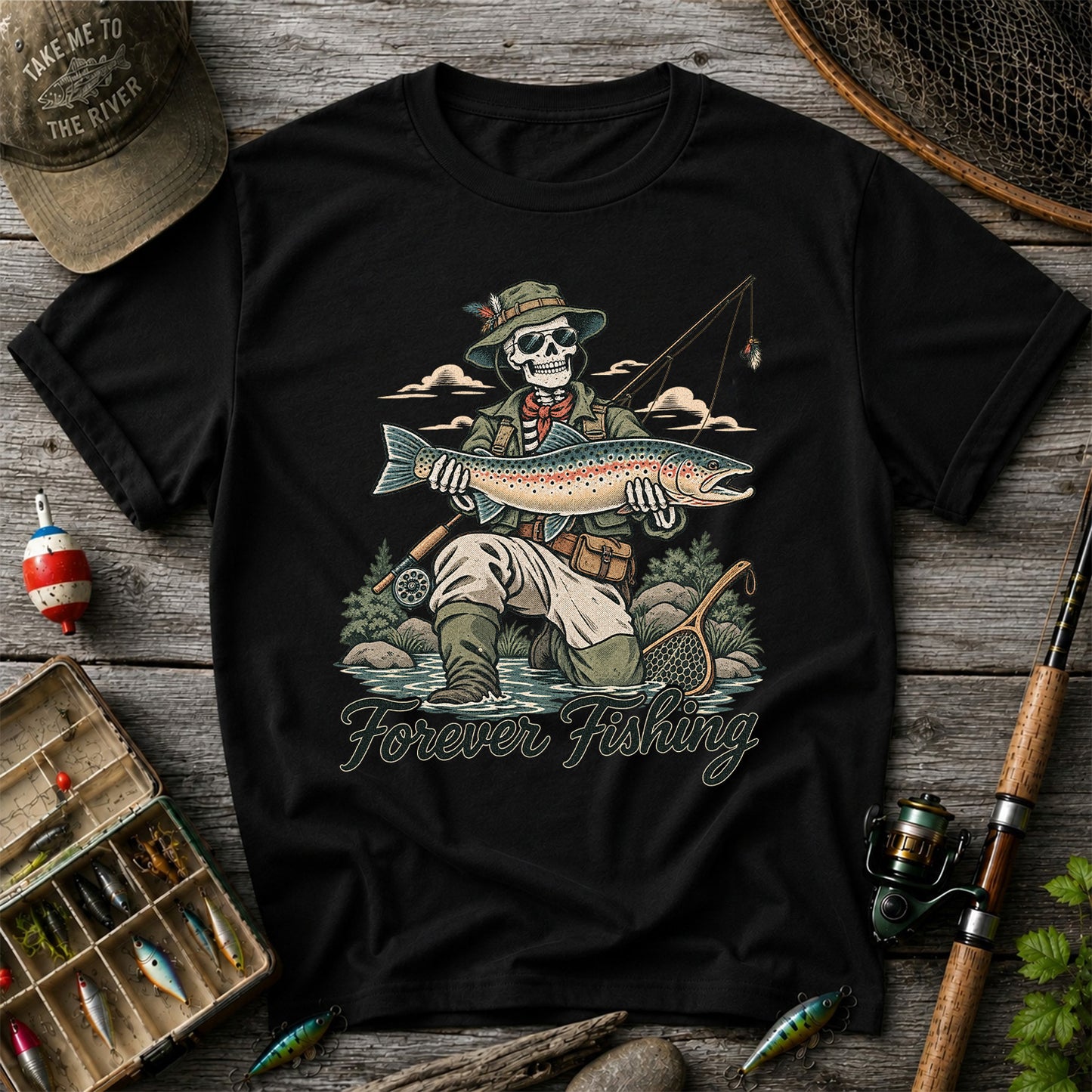 Forever Fishing Skeleton Angler Holding Rainbow Trout Graphic T-Shirt