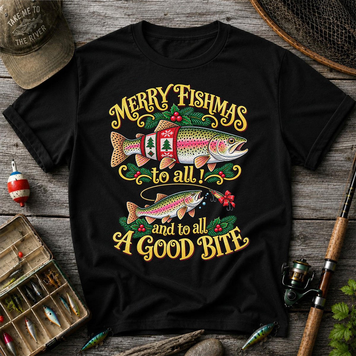 Merry Fishmas to All and to All a Good Bite Rainbow Trout Christmas Fishing T-Shirt
