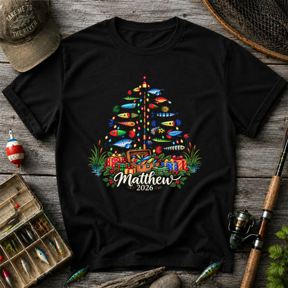 Personalized Christmas Fishing Lure Tree Name Graphic T-Shirt