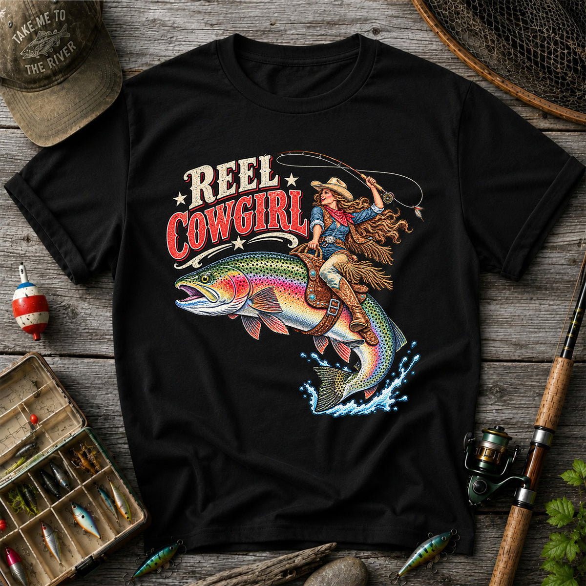 Reel Cowgirl Riding a Rainbow Trout Fly Fishing T-Shirt