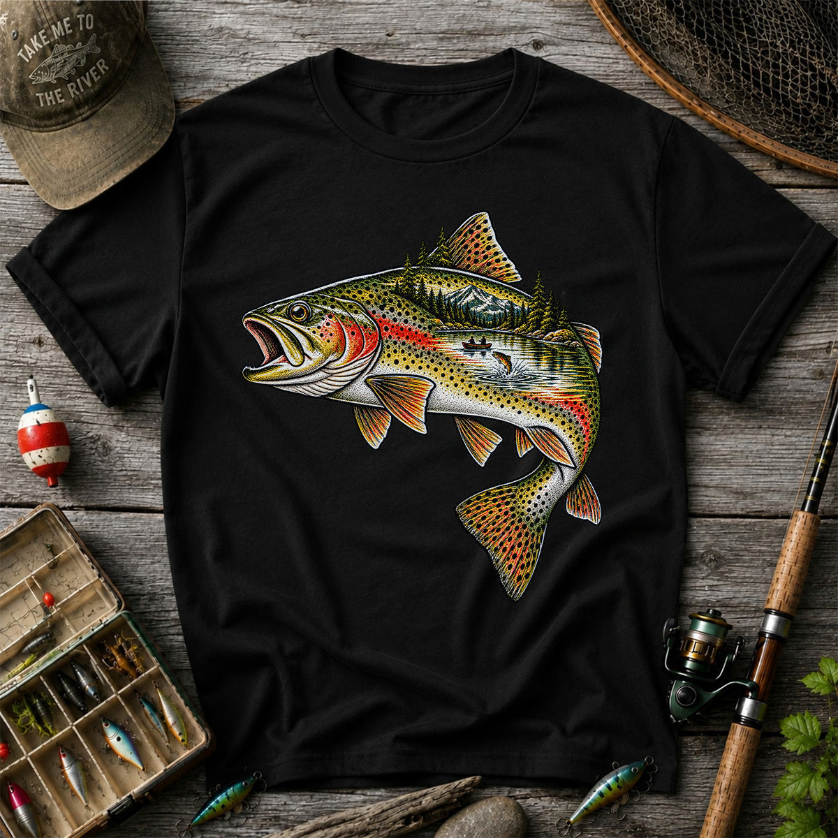 Rainbow Trout Mountain Lake Fishing Scene Graphic T-Shirt