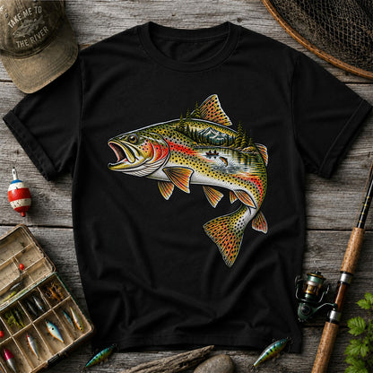 Rainbow Trout Mountain Lake Fishing Scene Graphic T-Shirt