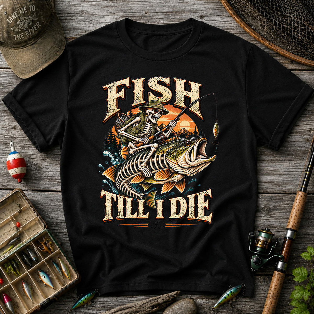 Fish Till I Die Skeleton Riding a Largemouth Bass Fishing T-Shirt