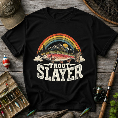 Trout Slayer Rainbow Trout Mountain Sunset Fishing T-Shirt