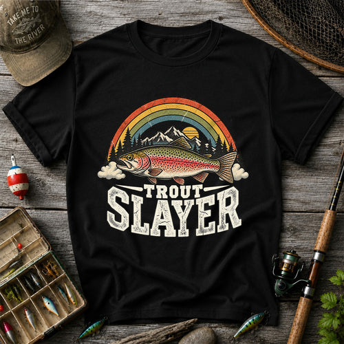 Trout Slayer Rainbow Trout Mountain Sunset Fishing T-Shirt