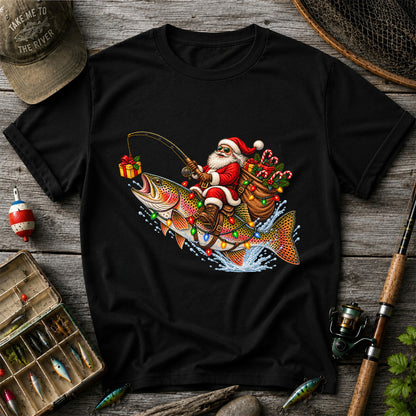 Santa Riding a Rainbow Trout Christmas Fishing Graphic T-Shirt
