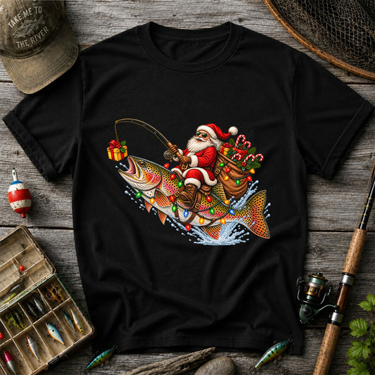 Santa Riding a Rainbow Trout Christmas Fishing Graphic T-Shirt