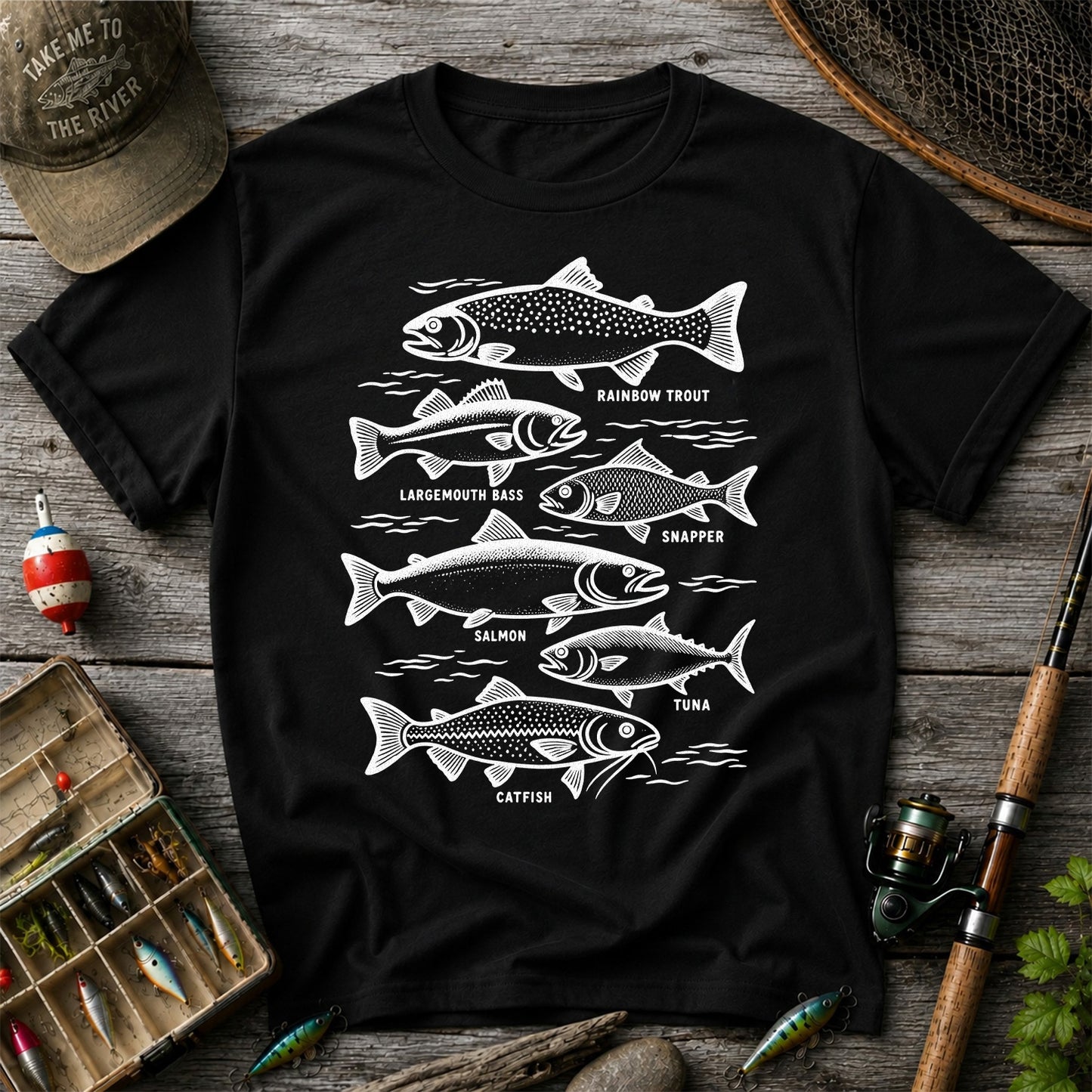 Rainbow Trout, Largemouth Bass, Snapper, Salmon, Tuna and Catfish Fishing Graphic T-Shirt