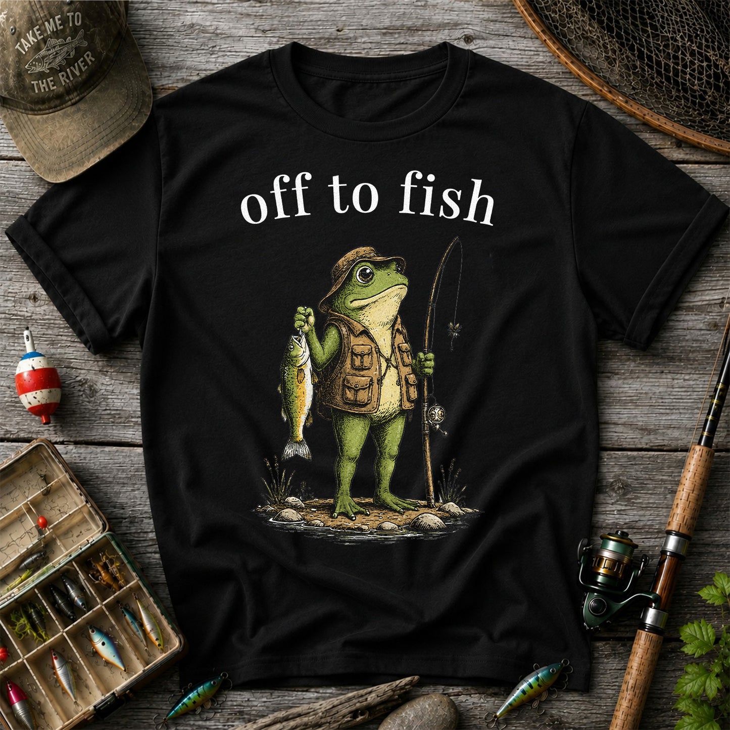 Off To Fish T-Shirt Funny Frog Fishing Shirt Vintage Angler Tee