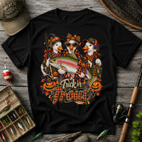 Trick or Trout Halloween Ducks with Rainbow Trout and Pumpkins Fishing T-Shirt