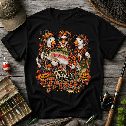 Trick or Trout Halloween Ducks with Rainbow Trout and Pumpkins Fishing T-Shirt