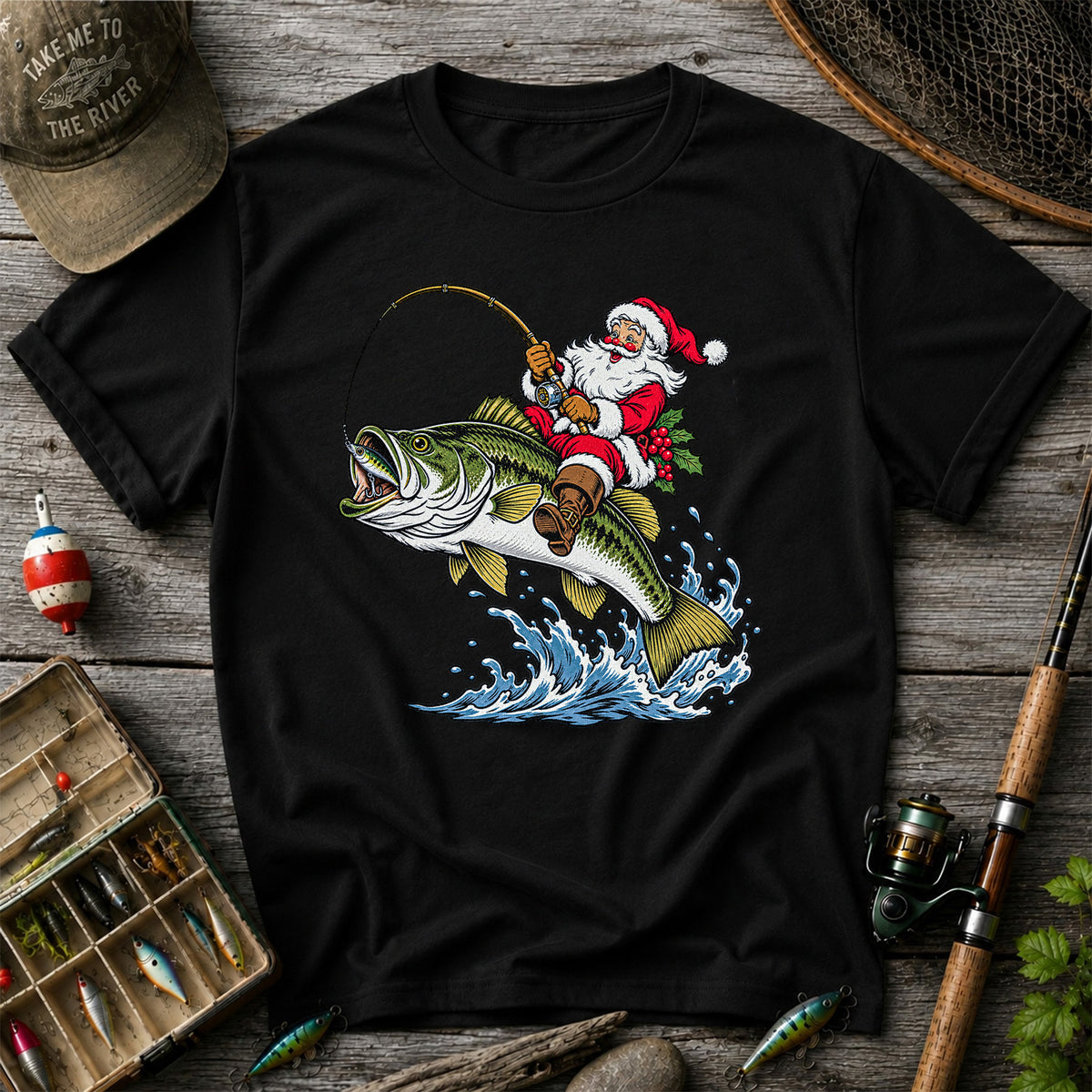 Santa Claus Riding a Bass Christmas Fishing Graphic T-Shirt