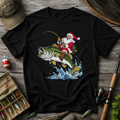 Santa Claus Riding a Bass Christmas Fishing Graphic T-Shirt