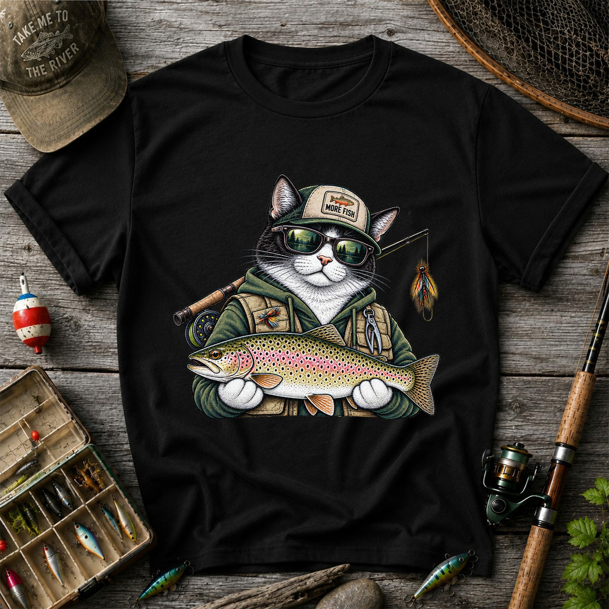 Cat Holding Rainbow Trout Fishing Graphic T-Shirt