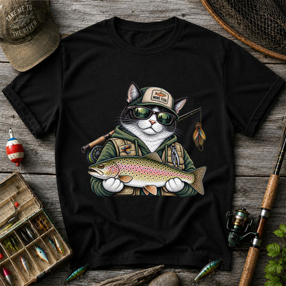 Cat Holding Rainbow Trout Fishing Graphic T-Shirt