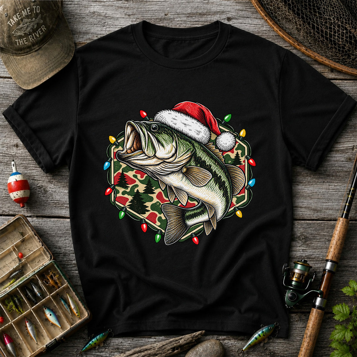 Santa Hat Largemouth Bass Christmas Fishing Graphic T-Shirt