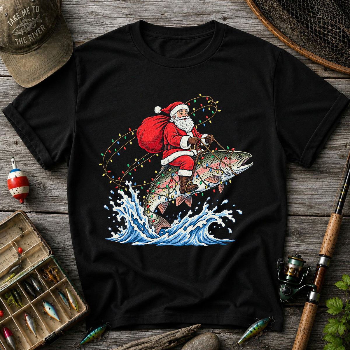 Santa Riding a Christmas-Lighted Rainbow Trout Fishing Graphic T-Shirt