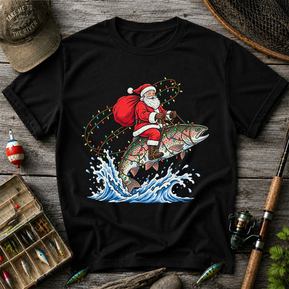 Santa Riding a Christmas-Lighted Rainbow Trout Fishing Graphic T-Shirt