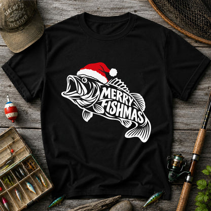 Santa Hat Fish Christmas Fishing Graphic T-Shirt
