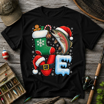 Christmas LOVE Rainbow Trout and Stocking Fishing Graphic T-Shirt